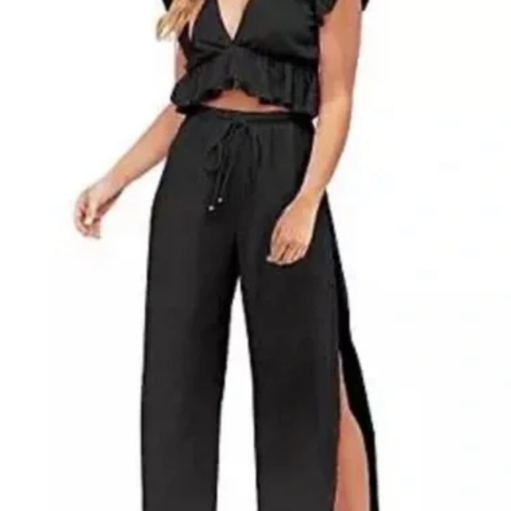 Fancyinn Black Wide-Leg Drawstring Pants with Side Slits